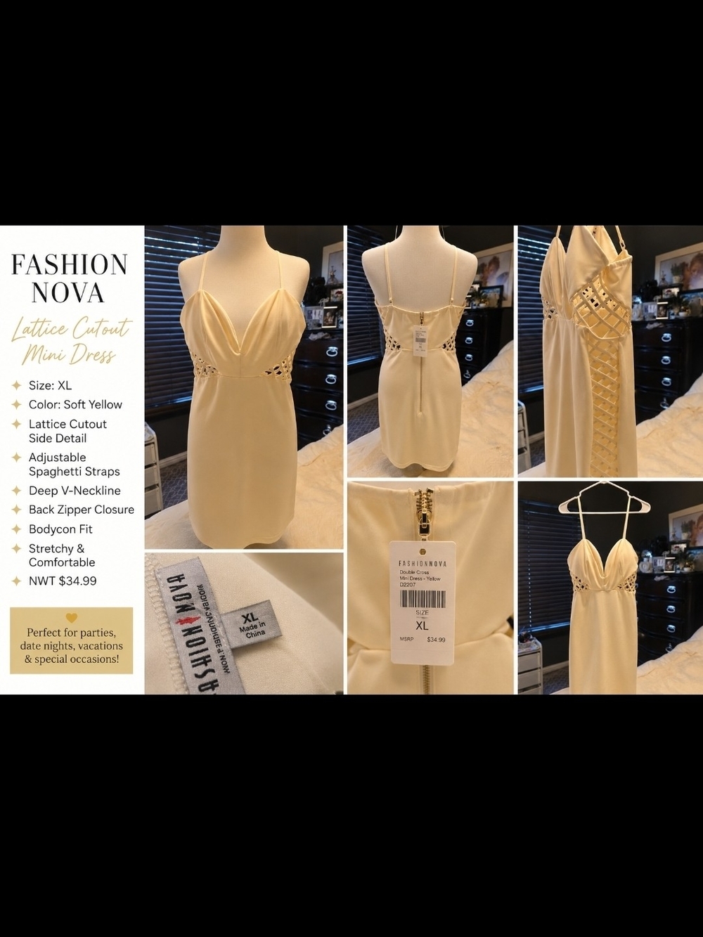 Fashion Nova Soft Yellow Lattice Cutout Mini Dress
